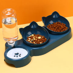 Triple Cat Bowls Pet Feeder with Automatic Drinking Bottle