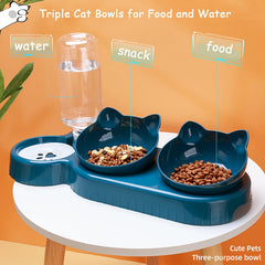 Triple Cat Bowls Pet Feeder with Automatic Drinking Bottle